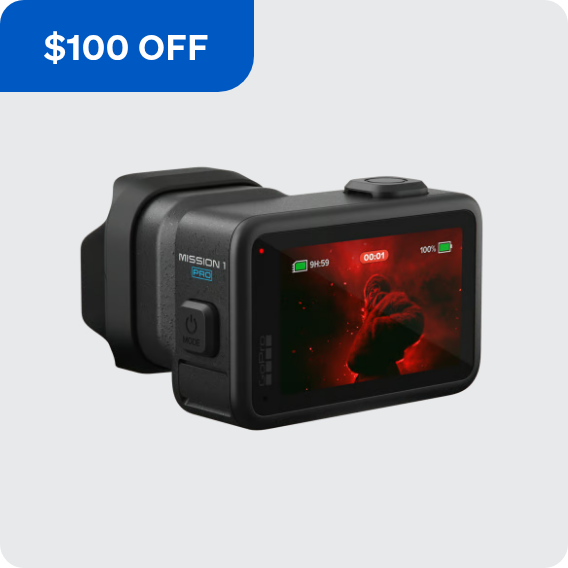 GoPro Mission 1 Pro camera shown from the back-left angle with an active recording screen.