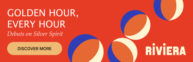Banner with Golden Hour, Every Hour text and a Discover More button on a red background with beach balls.
