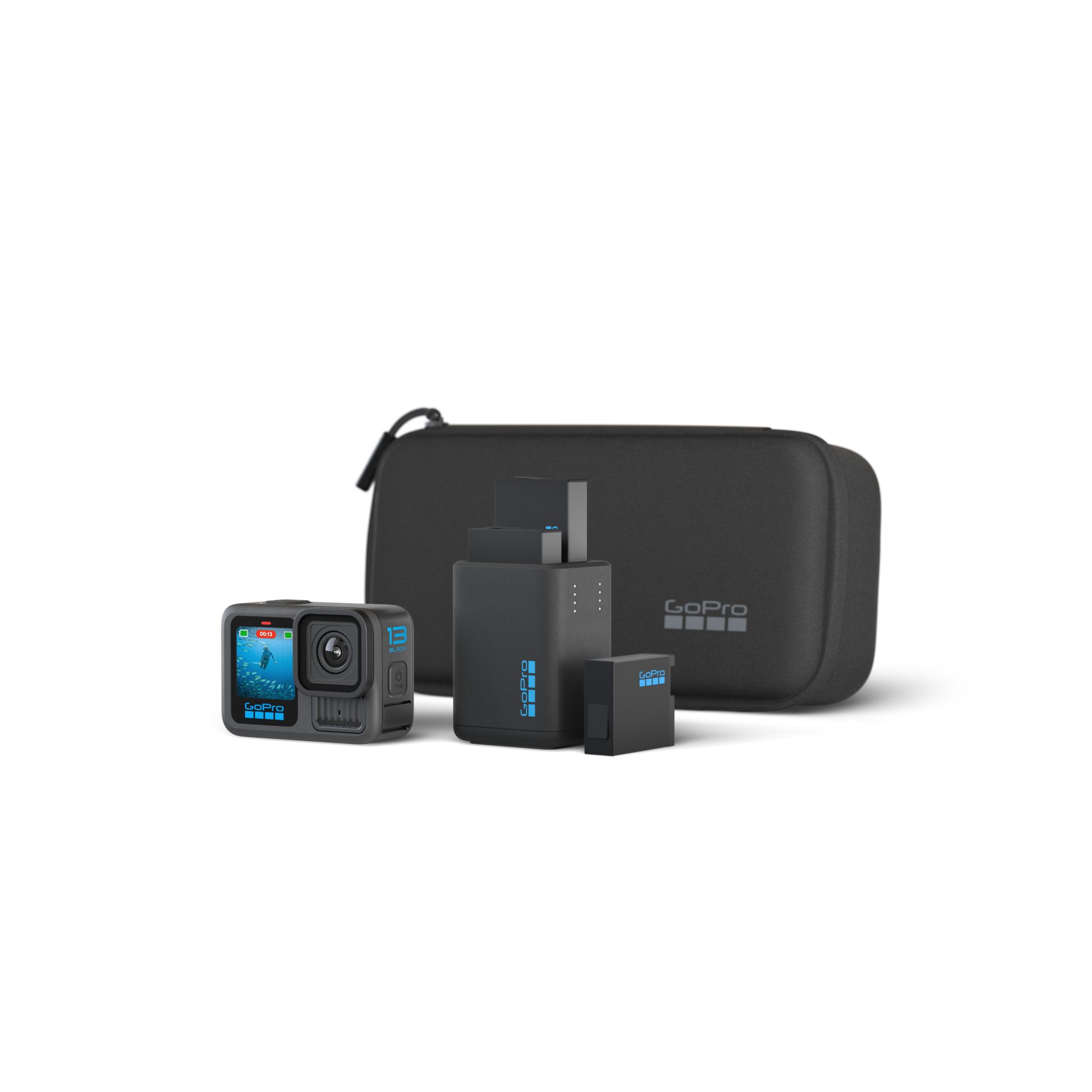 GoPro HERO13 Black camera bundle with charger, batteries, and case.