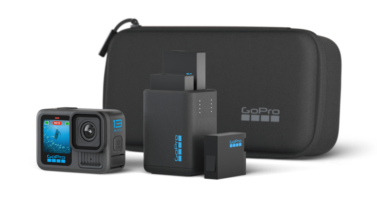GoPro HERO13 Black camera bundle with charger, batteries, and case.