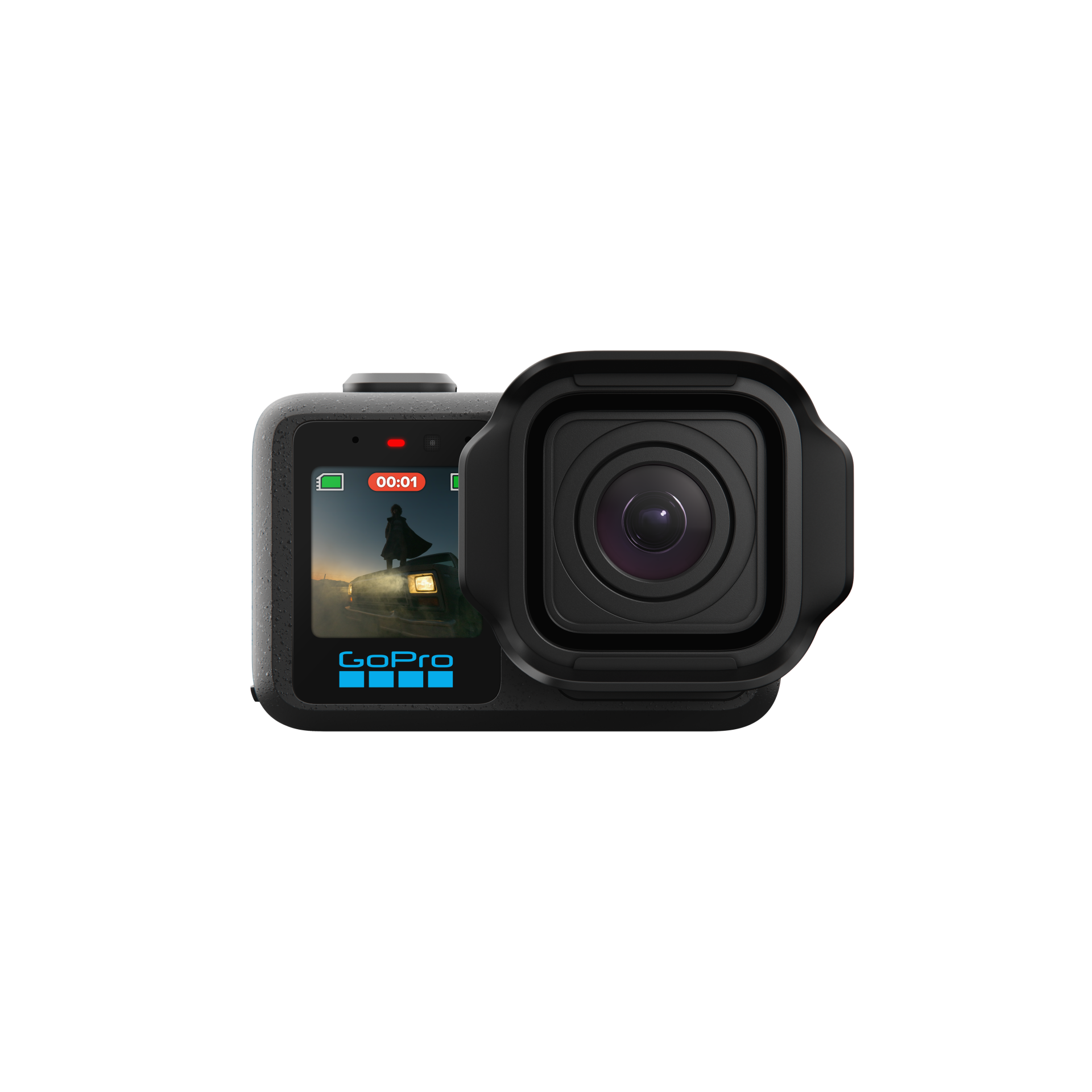 Front view of a GoPro camera with a rear screen displaying a recorded image.
