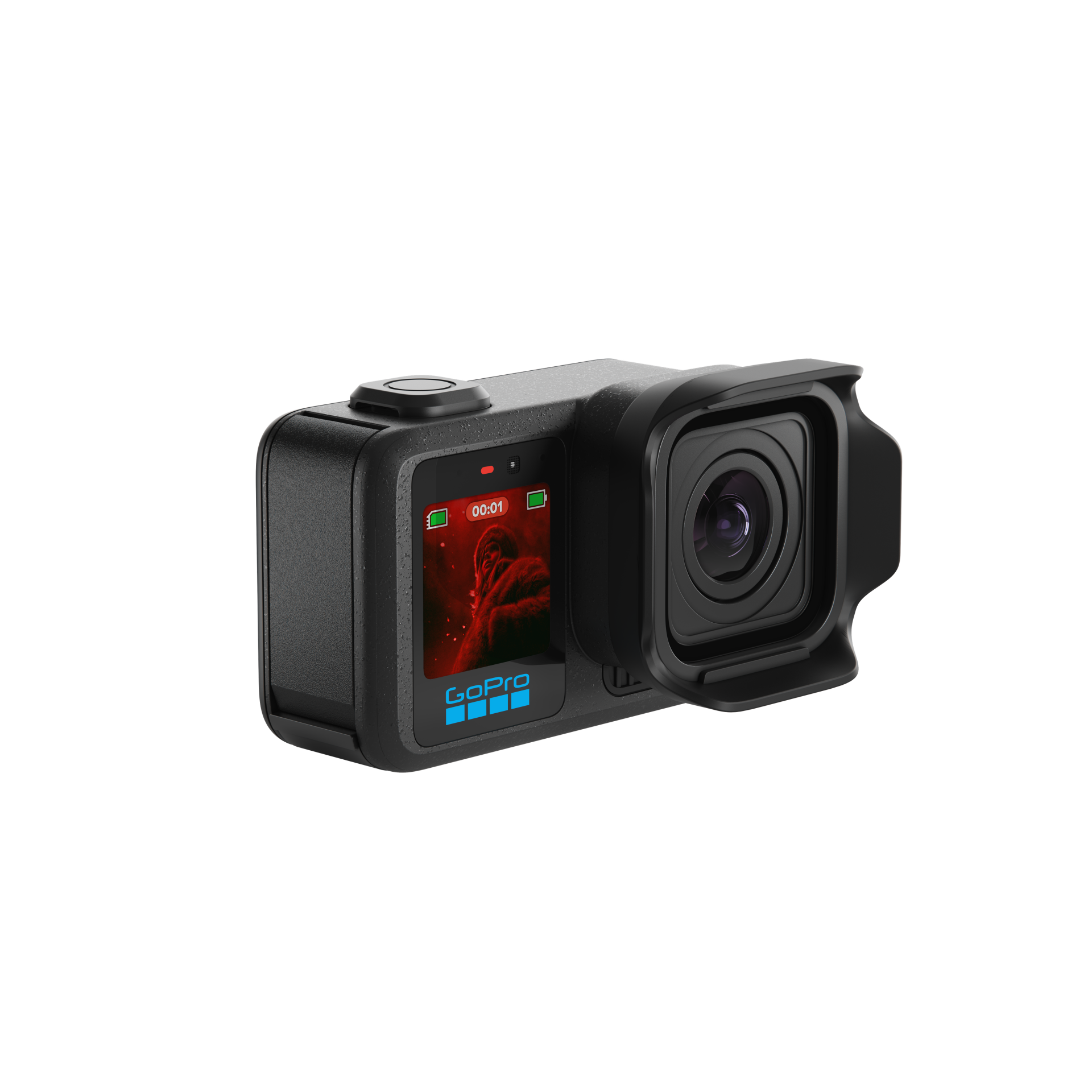 A black GoPro action camera angled to the right showing its front display screen.