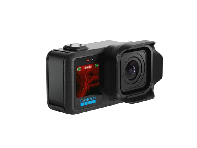 A black GoPro action camera angled to the right showing its front display screen.