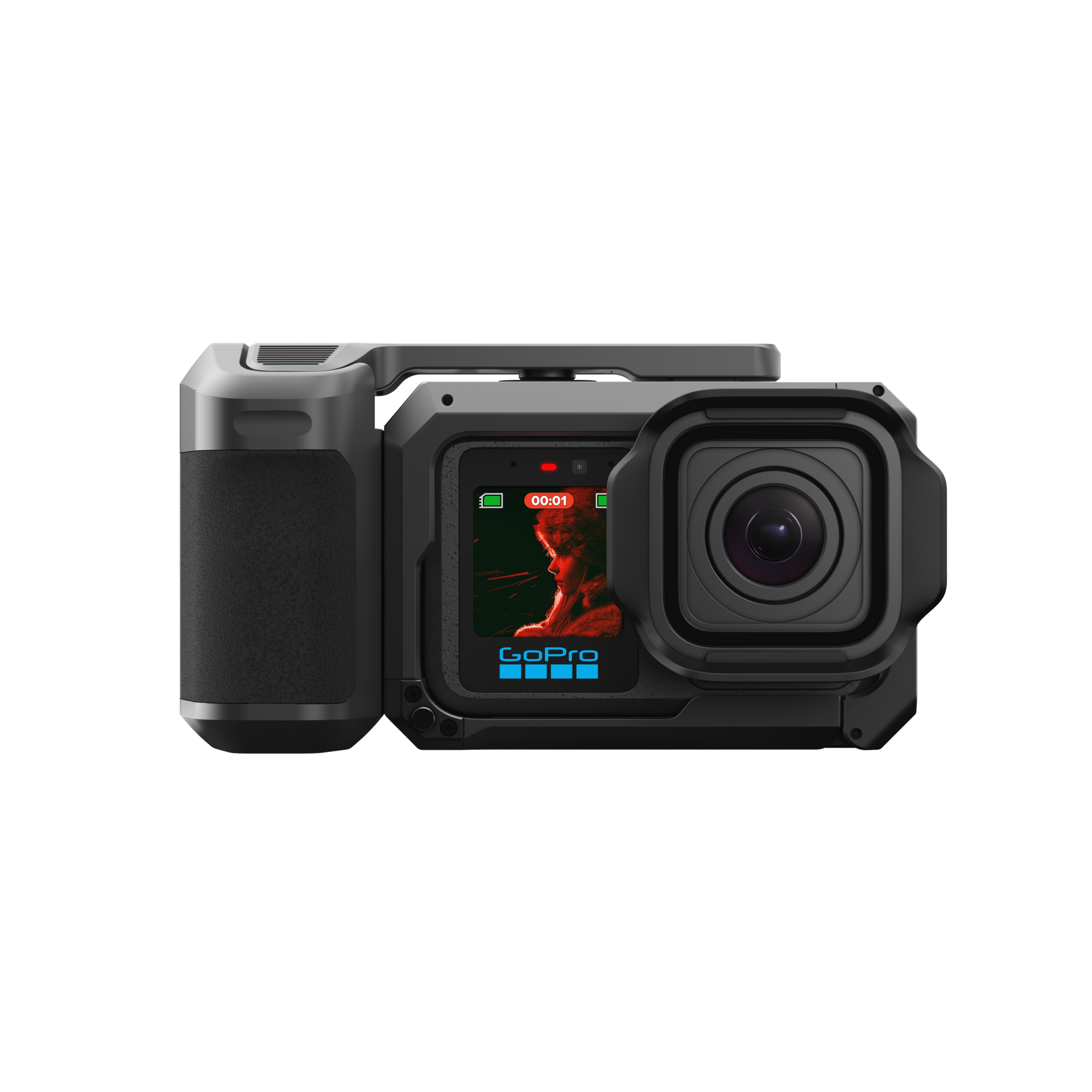 GoPro camera attached to a point-and-shoot grip accessory.