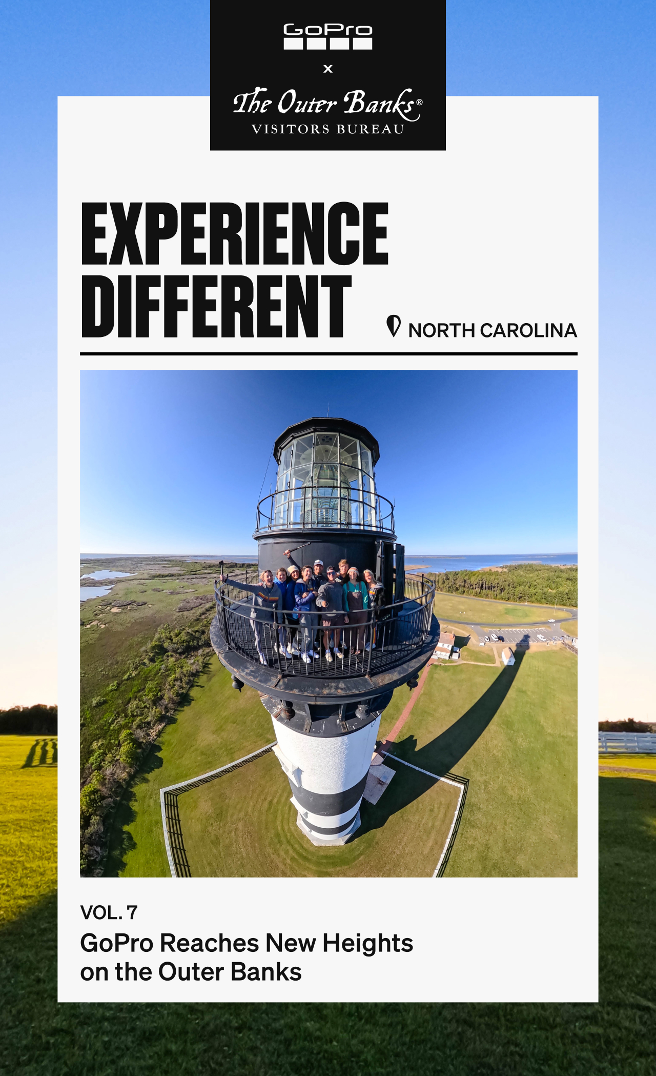 Group of people posing on the top of the Cape Lookout Lighthouse in a GoPro campaign graphic.