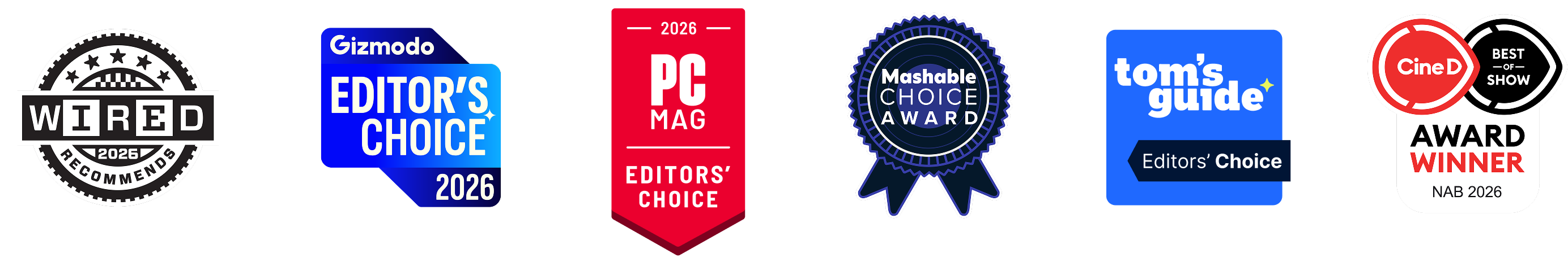 A collection of six 2026 industry award badges for GoPro.